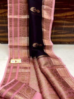 Wine and Pink Exclusive Kora Banarasi Silk Saree with Silk Mark Certification – Rich Pallu Design