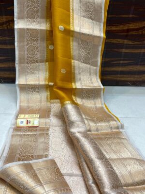 Yellow Exclusive Kora Banarasi Silk Saree with Silk Mark Certification – Rich Pallu Design