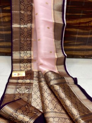 Baby Pink and Violet Exclusive Kora Banarasi Silk Saree with Silk Mark Certification – Rich Pallu Design