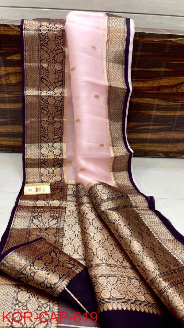 Baby Pink and Violet Exclusive Kora Banarasi Silk Saree with Silk Mark Certification – Rich Pallu Design