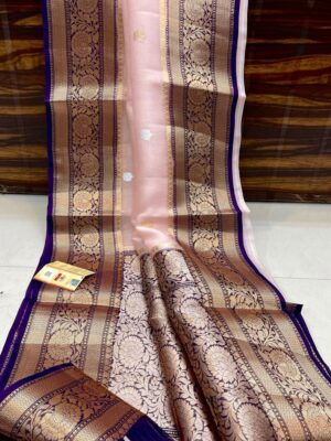 Baby Pink and Purple Exclusive Kora Banarasi Silk Saree with Silk Mark Certification – Rich Pallu Design