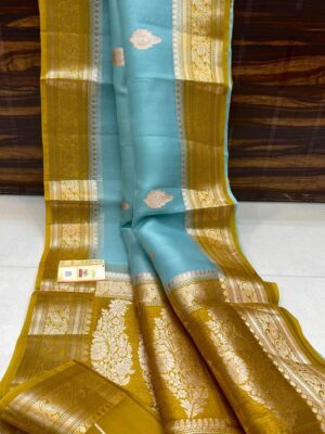Sky Blue and Yellow Exclusive Kora Banarasi Silk Saree with Silk Mark Certification – Rich Pallu Design
