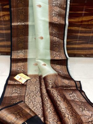Mint Green and Black Exclusive Kora Banarasi Silk Saree with Silk Mark Certification – Rich Pallu Design