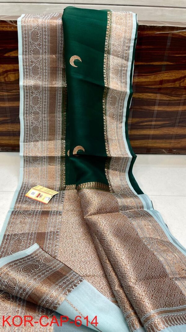Emerald Green and Light Blue Exclusive Kora Banarasi Silk Saree with Silk Mark Certification – Rich Pallu Design