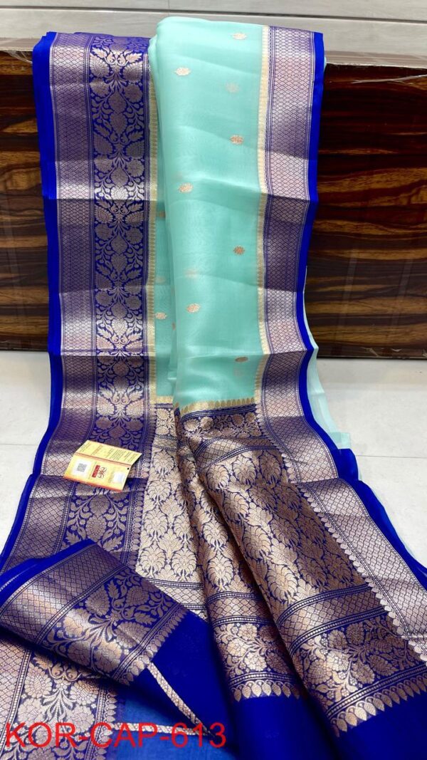 Mint Green and Royal Blue Exclusive Kora Banarasi Silk Saree with Silk Mark Certification – Rich Pallu Design