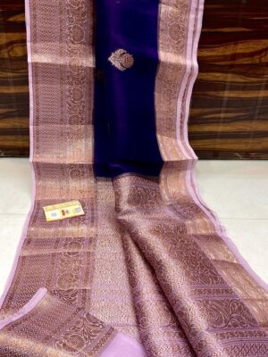 Purple and Light Pink Exclusive Kora Banarasi Silk Saree with Silk Mark Certification – Rich Pallu Design