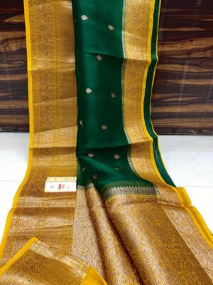 Green and Yellow Exclusive Kora Banarasi Silk Saree with Silk Mark Certification – Rich Pallu Design