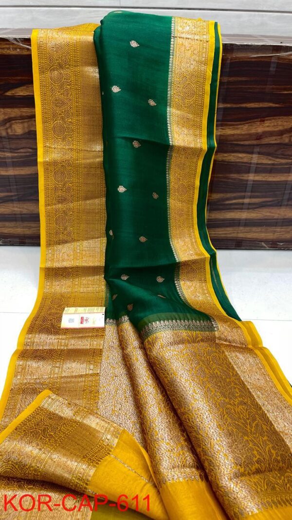 Green and Yellow Exclusive Kora Banarasi Silk Saree with Silk Mark Certification – Rich Pallu Design