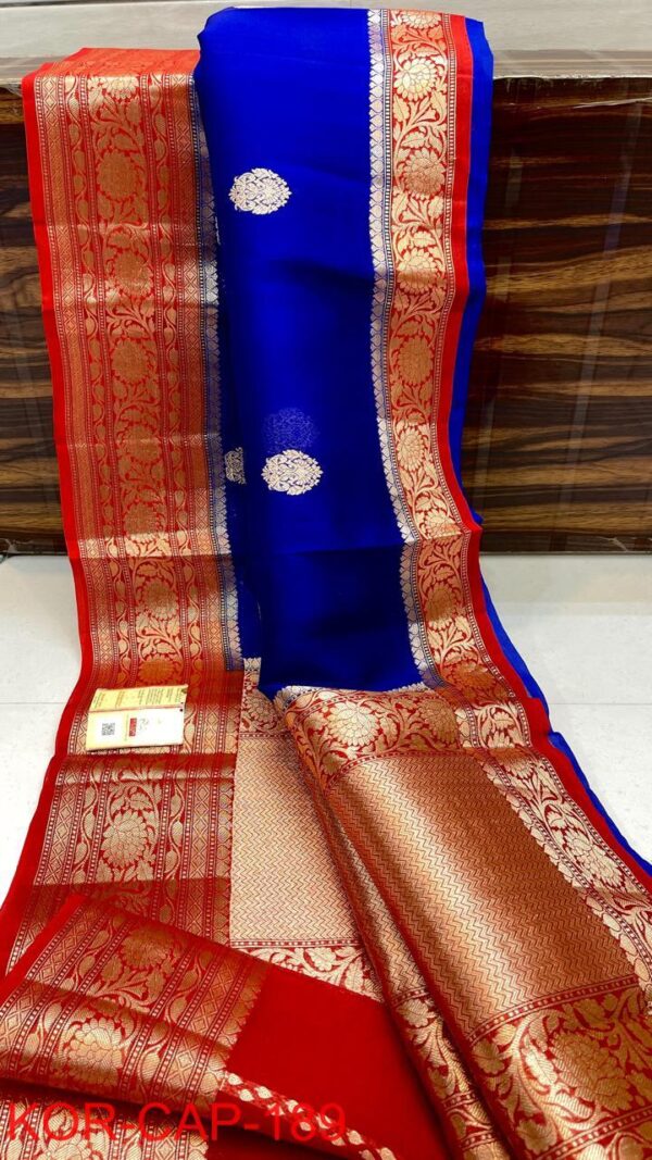 Royal Blue and Red Exclusive Kora Banarasi Silk Saree with Silk Mark Certification – Rich Pallu Design