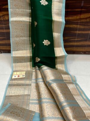 Emerald Green and Sky Blue Exclusive Kora Banarasi Silk Saree with Silk Mark Certification – Rich Pallu Design