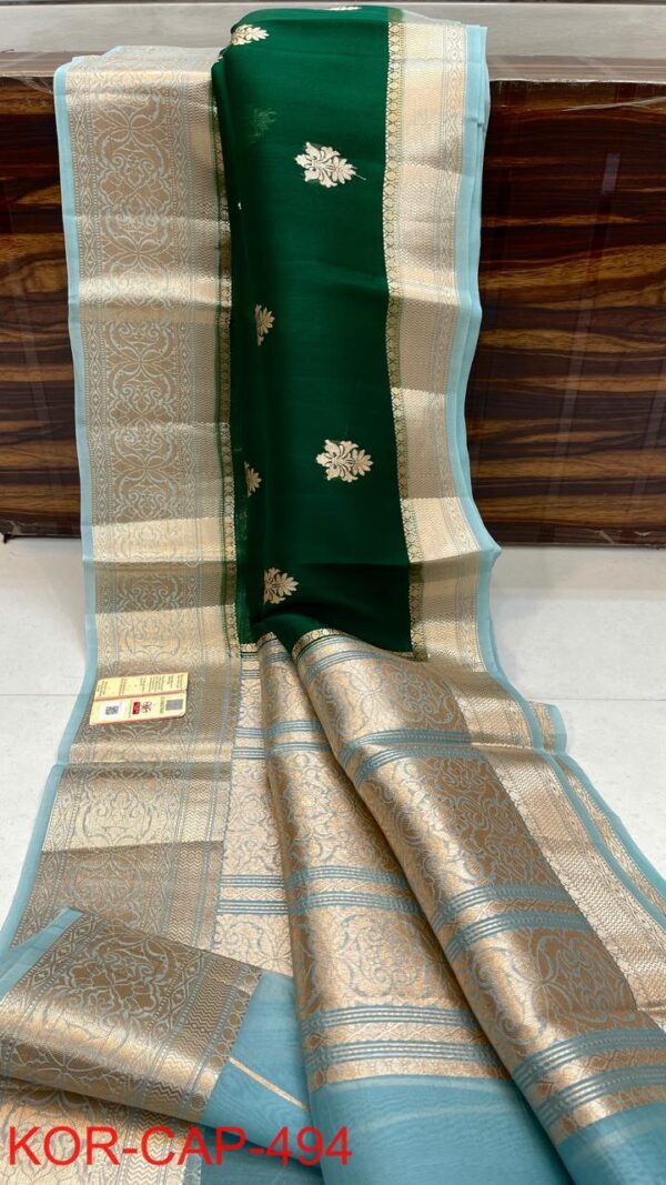 Emerald Green and Sky Blue Exclusive Kora Banarasi Silk Saree with Silk Mark Certification – Rich Pallu Design