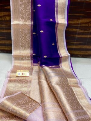 Purple and Light Pink Exclusive Kora Banarasi Silk Saree with Silk Mark Certification – Rich Pallu Design
