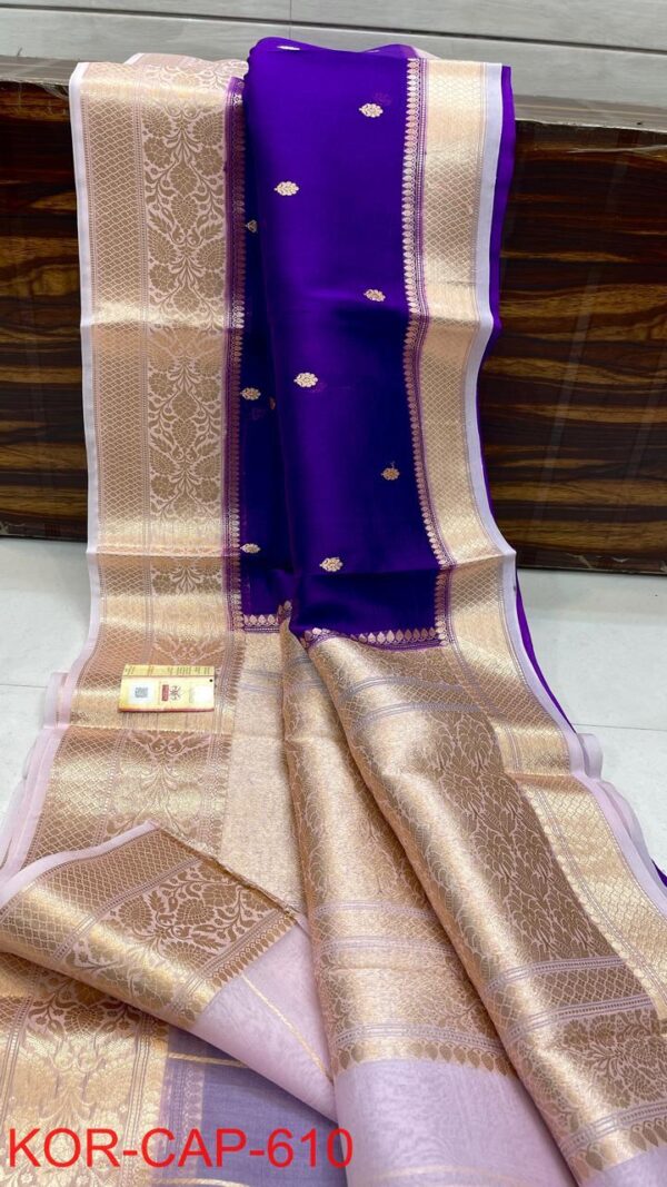 Purple and Light Pink Exclusive Kora Banarasi Silk Saree with Silk Mark Certification – Rich Pallu Design