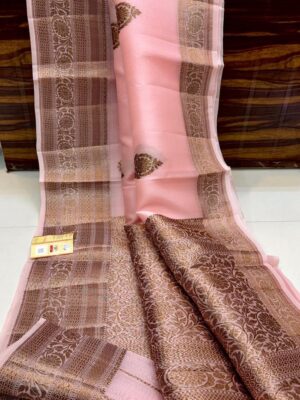 Baby Pink Exclusive Kora Banarasi Silk Saree with Silk Mark Certification – Rich Pallu Design