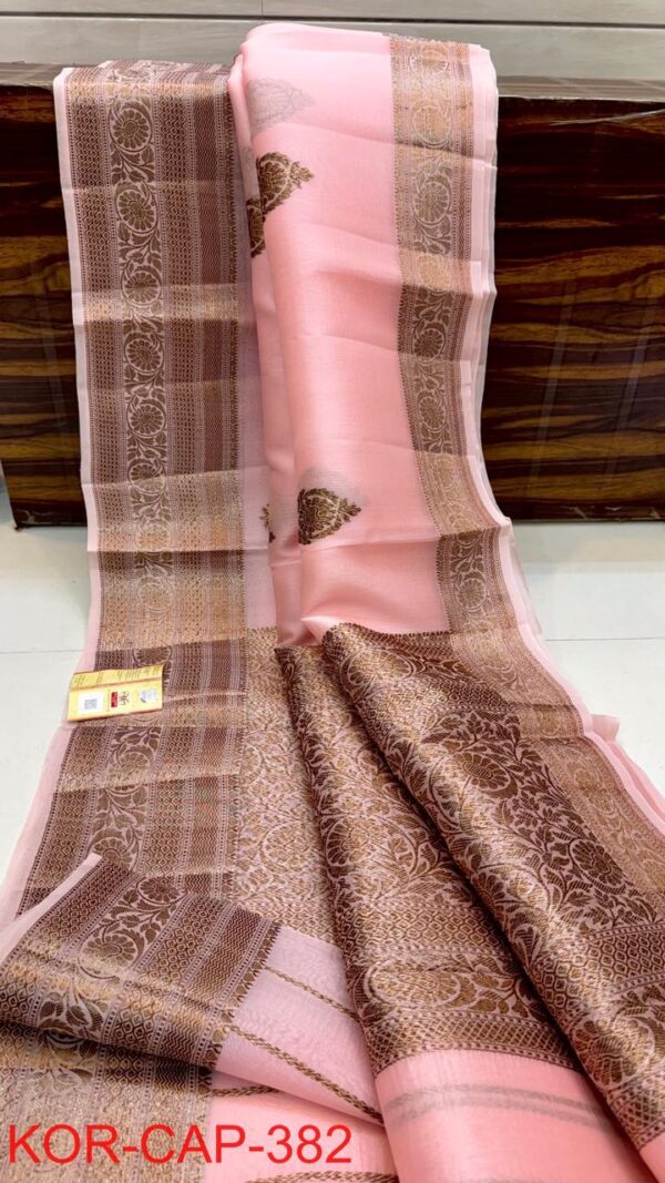 Baby Pink Exclusive Kora Banarasi Silk Saree with Silk Mark Certification – Rich Pallu Design