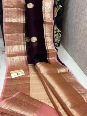 Maroon and Peach Pink Exclusive Kora Banarasi Silk Saree with Silk Mark Certification – Rich Pallu Design