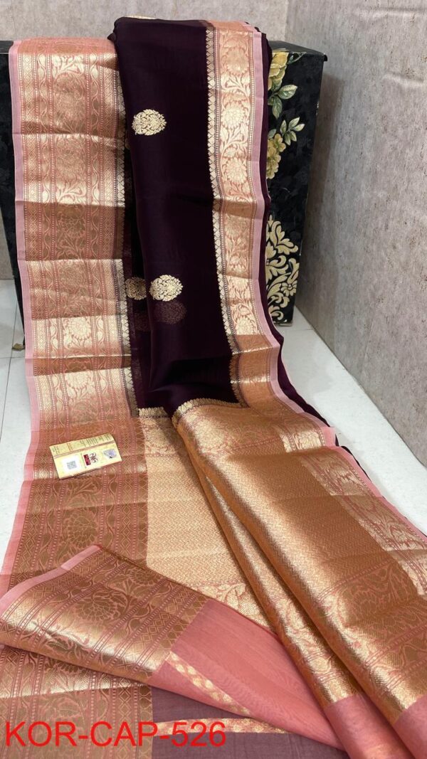 Maroon and Peach Pink Exclusive Kora Banarasi Silk Saree with Silk Mark Certification – Rich Pallu Design