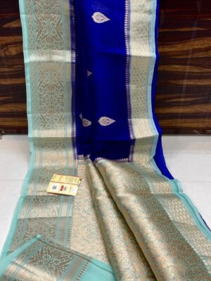 Royal Blue and Teal Blue Exclusive Kora Banarasi Silk Saree with Silk Mark Certification – Rich Pallu Design
