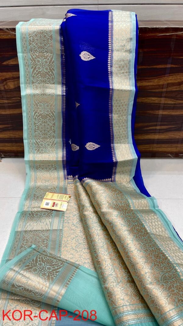 Royal Blue and Teal Blue Exclusive Kora Banarasi Silk Saree with Silk Mark Certification – Rich Pallu Design