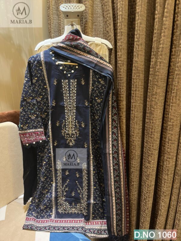 Navy Blue Readymade Cotton Suit Set with Embroidery & Printed Dupatta