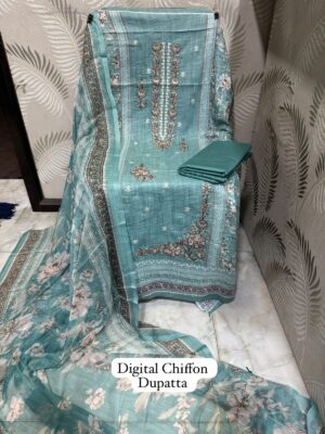 Sea Green Premium Designer Cotton Suit with Heavy Panel Embroidery & Chiffon