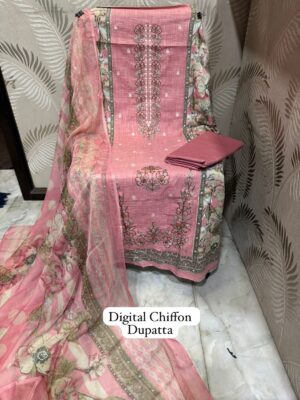 Pink Premium Designer Cotton Suit with Heavy Panel Embroidery & Chiffon