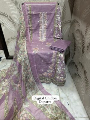 Purple Premium Designer Cotton Suit with Heavy Panel Embroidery & Chiffon