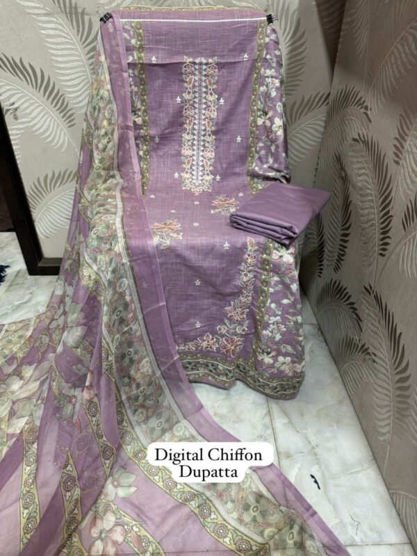 Purple Premium Designer Cotton Suit with Heavy Panel Embroidery & Chiffon