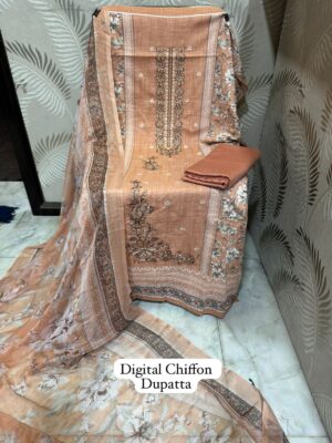 Orange Premium Designer Cotton Suit with Heavy Panel Embroidery & Chiffon