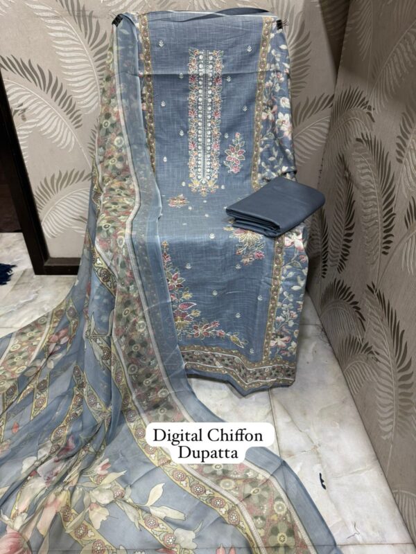 Steel Blue Premium Designer Cotton Suit with Heavy Panel Embroidery & Chiffon