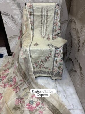 Cream Premium Designer Cotton Suit with Heavy Panel Embroidery & Chiffon