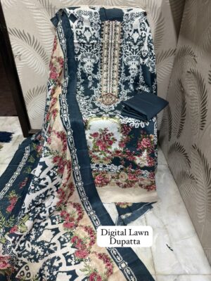 Dark Blue Premium Designer Cotton Suit with Heavy Panel Embroidery & Chiffon