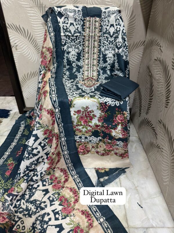 Dark Blue Premium Designer Cotton Suit with Heavy Panel Embroidery & Chiffon