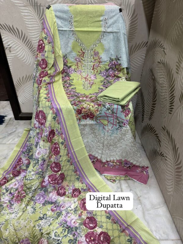Light Green Premium Designer Cotton Suit with Heavy Panel Embroidery & Chiffon