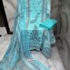 Sky Blue Premium Designer Cotton Suit with Heavy Panel Embroidery & Chiffon