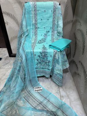 Sky Blue Premium Designer Cotton Suit with Heavy Panel Embroidery & Chiffon