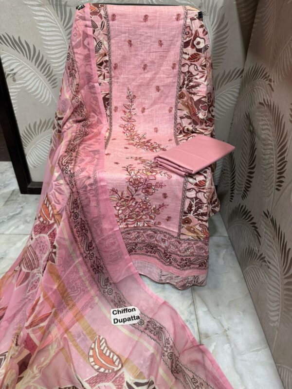 Pink Premium Designer Cotton Suit with Heavy Panel Embroidery & Chiffon