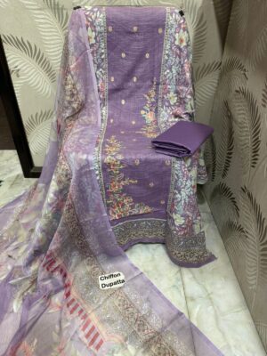 Purple Premium Designer Cotton Suit with Heavy Panel Embroidery & Chiffon