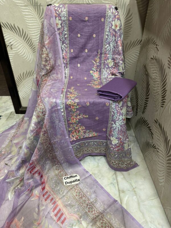 Purple Premium Designer Cotton Suit with Heavy Panel Embroidery & Chiffon
