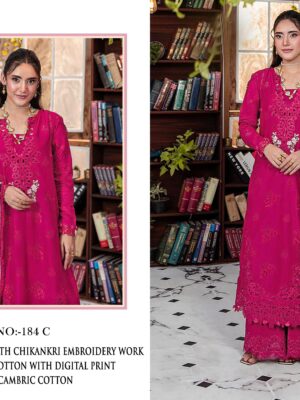Hot Pink Johra Tex JT-184 Cambric Cotton Chikankari Suit with Maslin Digital Print Dupatta