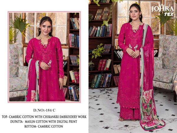 Hot Pink Johra Tex JT-184 Cambric Cotton Chikankari Suit with Maslin Digital Print Dupatta