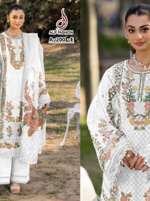 White Alif Fashion Pakistani Concept Cotton Embroidered Suit with Chiffon Dupatta