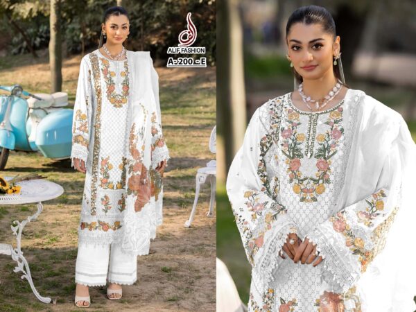 White Alif Fashion Pakistani Concept Cotton Embroidered Suit with Chiffon Dupatta