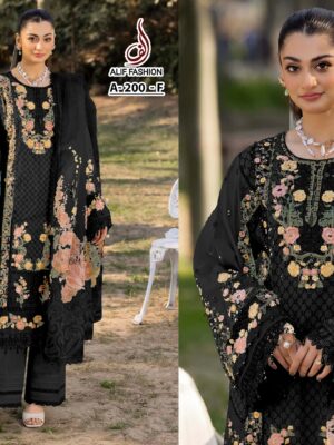Black Alif Fashion Pakistani Concept Cotton Embroidered Suit with Chiffon Dupatta