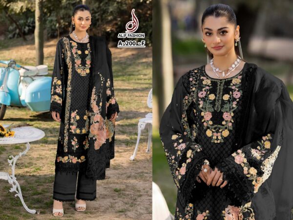 Black Alif Fashion Pakistani Concept Cotton Embroidered Suit with Chiffon Dupatta