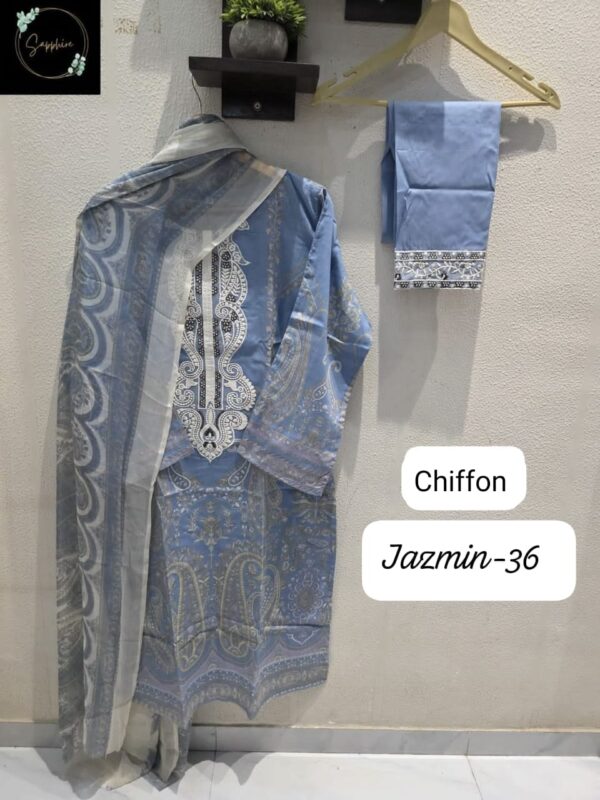 Blue Jazmin Series Readymade Lawn Cotton Suit XXL (44) with Heavy Patch Work & Chiffon Dupatta
