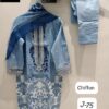 Light Blue Jazmin Series Readymade Lawn Cotton Suit XXL (44) with Heavy Patch Work & Chiffon Dupatta