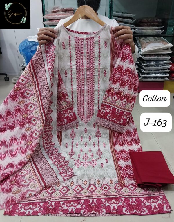 White with Pink Jazmin Series Readymade Lawn Cotton Suit XXL (44) with Heavy Patch Work & Chiffon Dupatta