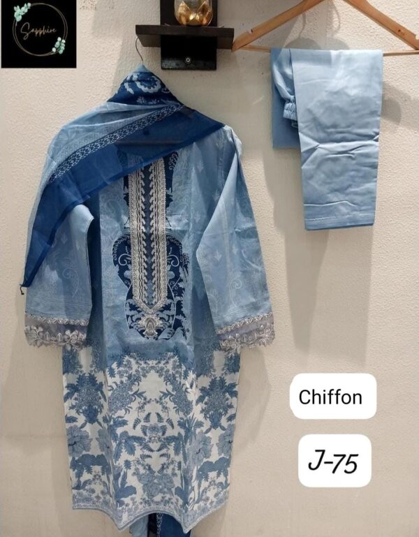 Light Blue Jazmin Series Readymade Lawn Cotton Suit XXL (44) with Heavy Patch Work & Chiffon Dupatta