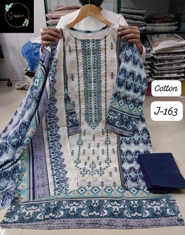 White with Blue Jazmin Series Readymade Lawn Cotton Suit XXL (44) with Heavy Patch Work & Chiffon Dupatta